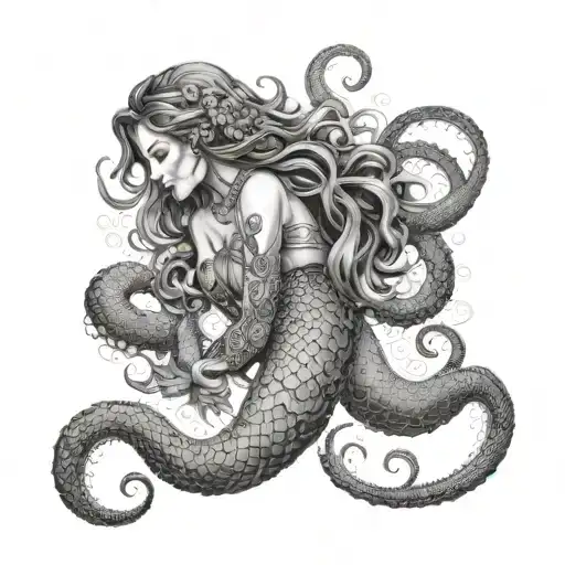 octopus wrapping its tentacles around the mermaid, with intricate details like scales on the mermaid's tail and suction  tattoo design idea