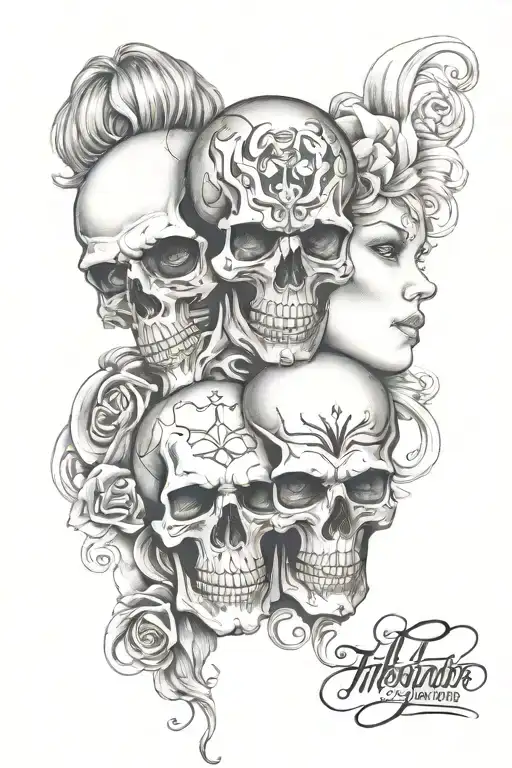 split personality two faces and a skull tattoo design idea