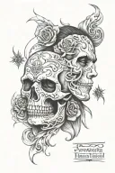 split personality two faces and a skull tattoo design idea