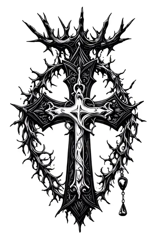 Rosary Cross with thorn crown floating above it make the cross fully filled in black and make it a Roman cross tattoo design idea