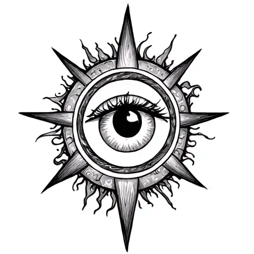 A circle with six pointed star around it and squiggly lines heading towards the eye in the center tattoo design idea