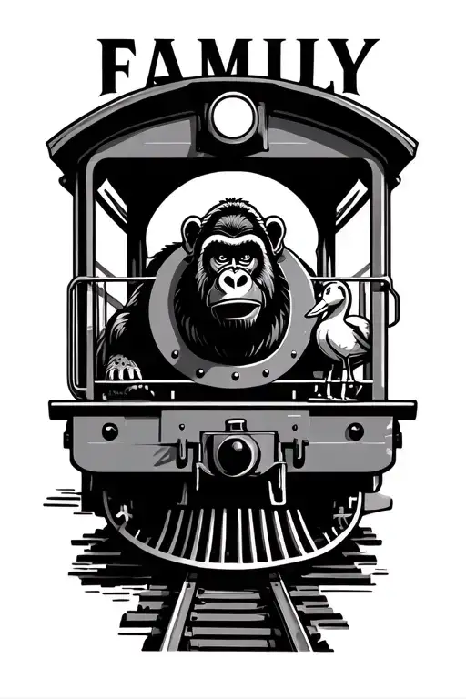 a train on the tracks with the track trail forming the word "family" ,riding on the train will be a gorilla and a goose tattoo design idea