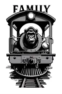 a train on the tracks with the track trail forming the word "family" ,riding on the train will be a gorilla and a goose tattoo design idea