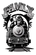 a train on the tracks with the track trail forming the word "family" ,riding on the train will be a gorilla and a goose tattoo design idea