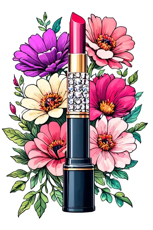 rhinestone tube of lipstick as balancing scale, surrounded by cosmo flowers tattoo design idea