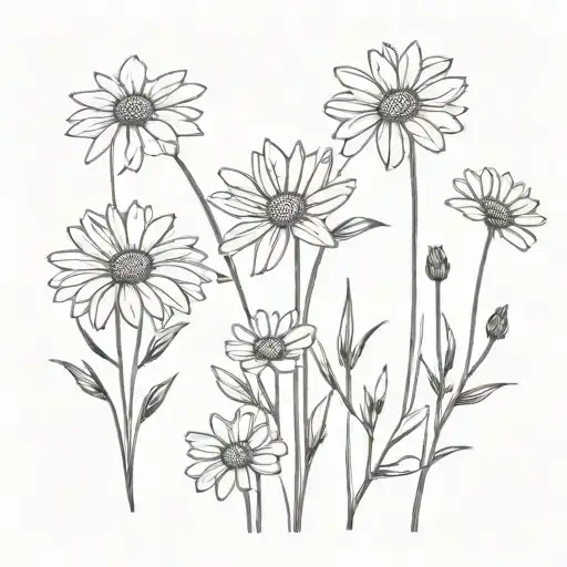 Black and white hand drawn mix of wild flowers that include daisies, within the stems there should be a cursive quote th tattoo design idea
