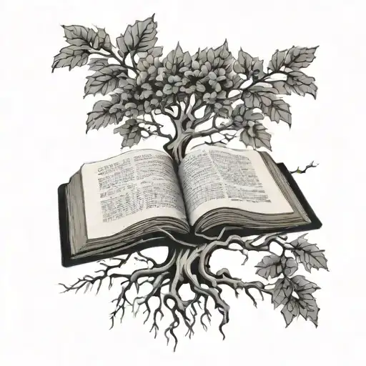 tree with a bible as the roots and verses as the branches  tattoo design idea