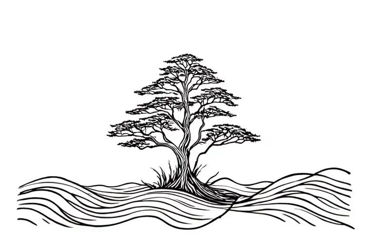 mangrove tree and waves in between black lines tattoo design idea
