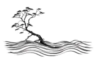 mangrove tree and waves in between black lines tattoo design idea