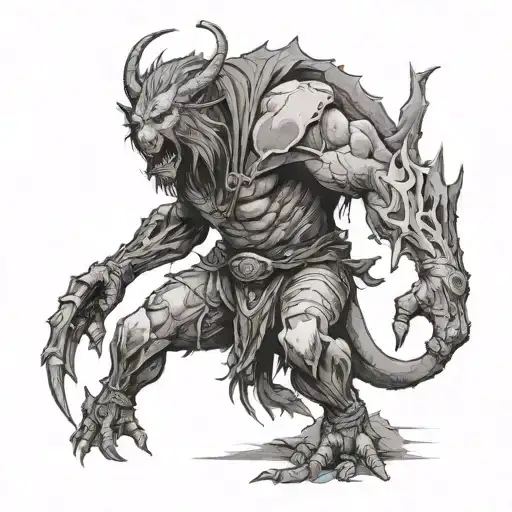 lone warrior approaches a shrouded beast in a cave tattoo design idea