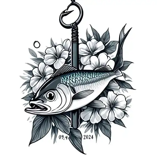 DATE OF 09/04/2024 IN FRONT OF A BIG FISHING HOOK AND HAWAIIAN FLOWERS IN BACKROUND tattoo design idea