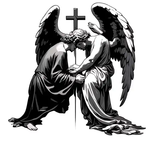 A cross under him an angel bowing his head and his tail hold their hands tattoo design idea