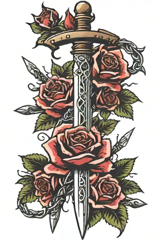 a sword with barbed wire wrapped around the blade with roses and stars  tattoo design idea