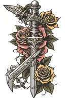 a sword with barbed wire wrapped around the blade with roses and stars  tattoo design idea