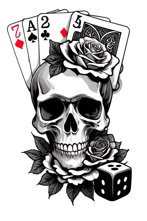 skull and roses and dice and 5 poker cards with 7 2 6 2 5 in that exact order tattoo design idea