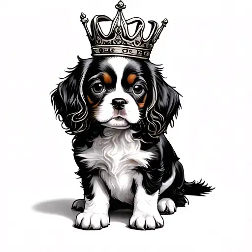 King Charles Cavalier puppy with crown sitting alone tattoo design idea