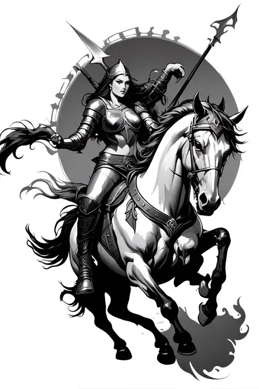 woman knight on a horse slaying a demon tattoo design idea