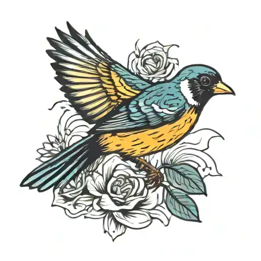 robin, goldfinch, wave tattoo design idea