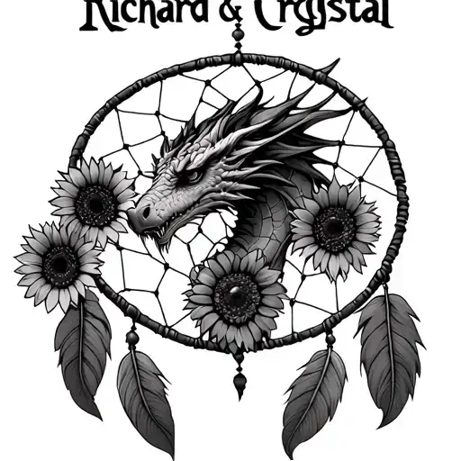 "Richard & Crystal " dragon head in the center of a dreamcatcher with three sunflowers coming off the Dreamcatcher tattoo design idea