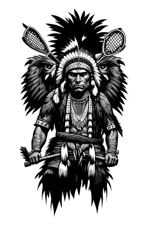 Indian warrior lacrosse theme with native American Indians at war, owls and wolves incorporated to the design.  tattoo design idea