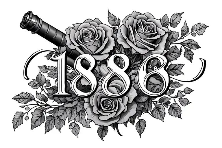 1886 Text centralised with cannons and roses tattoo design idea