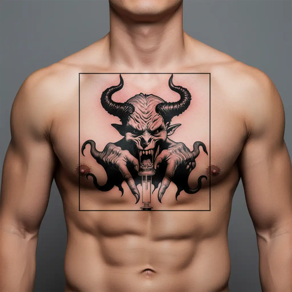 hypodermic syringe with devil coming out of needle like a medication tattoo design idea