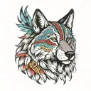 front view left half wolf side right half lion side face wearing indian cherokee head ornament with ornamental colors tattoo design idea