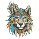 front view left half wolf side right half lion side face wearing indian cherokee head ornament with ornamental colors tattoo design idea