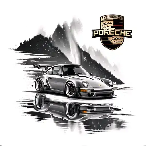 porsche 911 turbo + northern lights + emblème porsche tattoo design idea