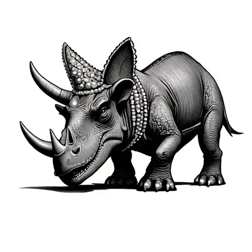 A triceratops with pearls on the rim of the two horns on the head and on the rim of the horn on the nose tattoo design idea