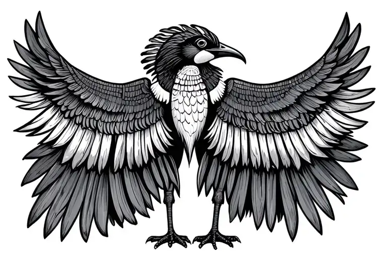 Egyptian style, long body bird, curly tail, no legs, no feet. tattoo design idea