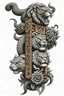 totem pole with a lion, snake,  tattoo design idea