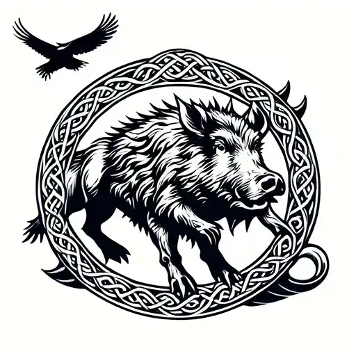 Celtic boar with crow flying around it  tattoo design idea