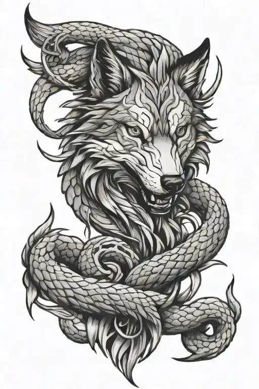 A tattoo featuring a wolf and snake intertwined symbolizing your pain, growth, resilience, and the strength tattoo design idea