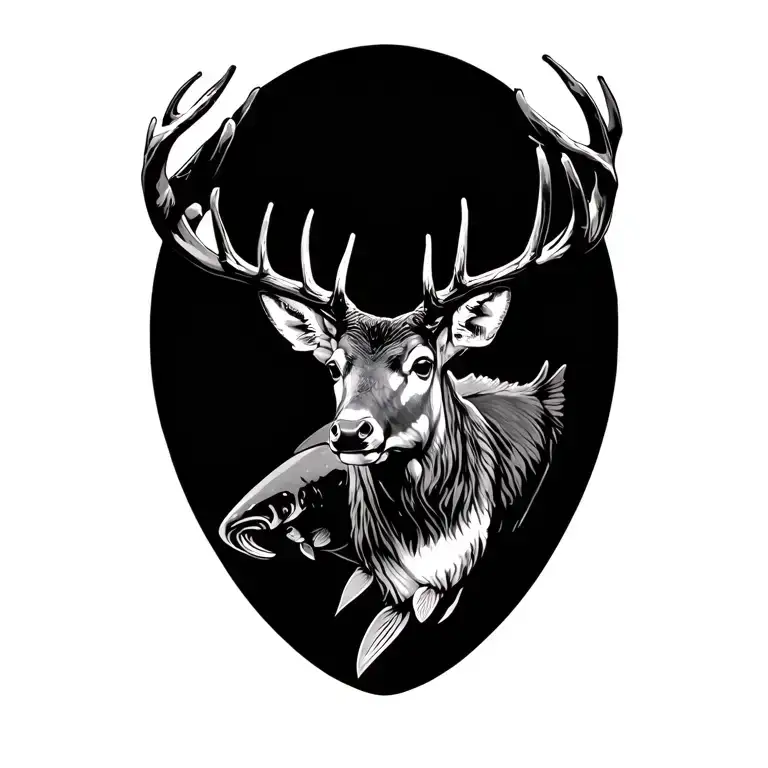deer head, trout jumping tattoo design idea
