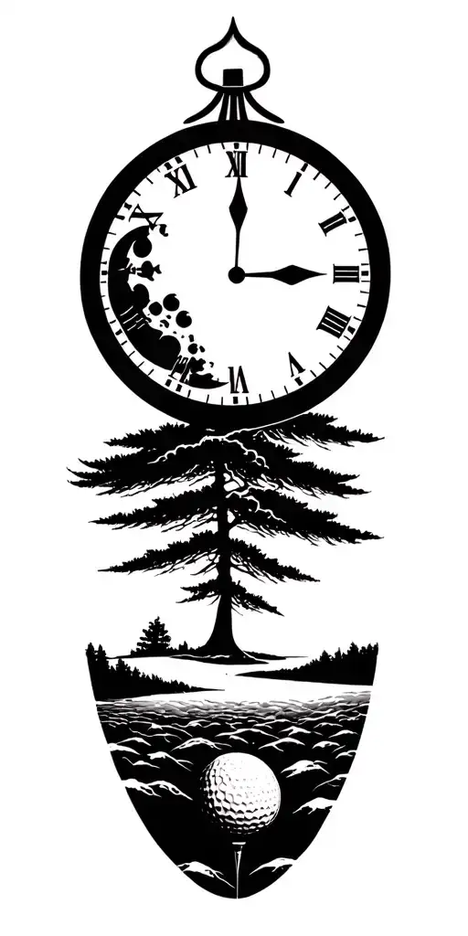 lightining storm and moon and clock and nature and golf course tattoo design idea
