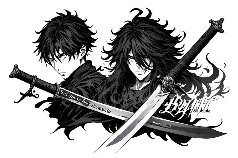 the phrase "set your heart ablaze", with a sword behind and the character Kyojuro Rengoku hair. Gothich format tattoo design idea