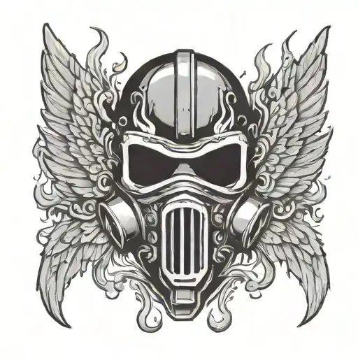 classic welding mask surrounded by flames with wings spread out tattoo design idea