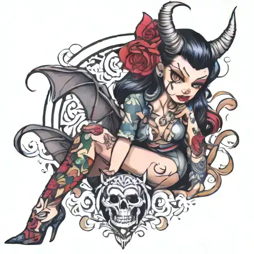 Demon girl pinup girl with tattoos tattoo design idea