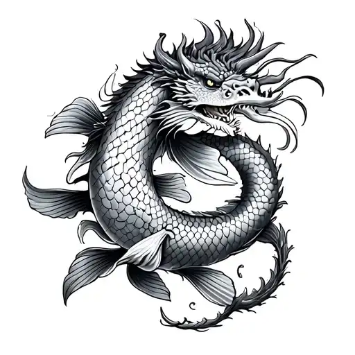 carp koi and dragon around a thigh tattoo design idea