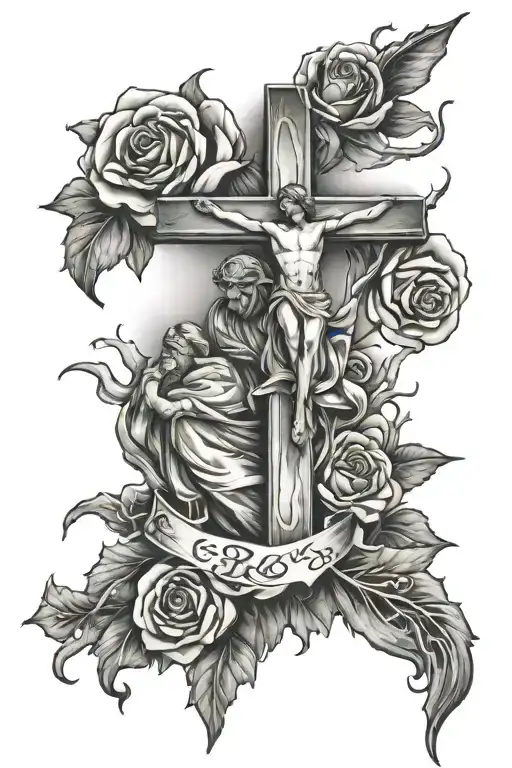 Create a tattoo for a forearm containing a cross, rose, thorns, a man kneeling at the cross, and an angel looking over t tattoo design idea