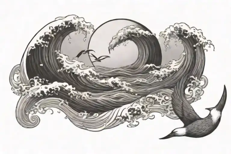 albatross wave moon merging together symbolizing tattoo design idea