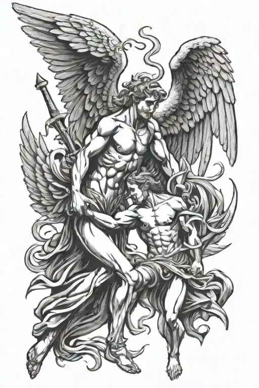 angel and devil with wing spread fighting tattoo design idea