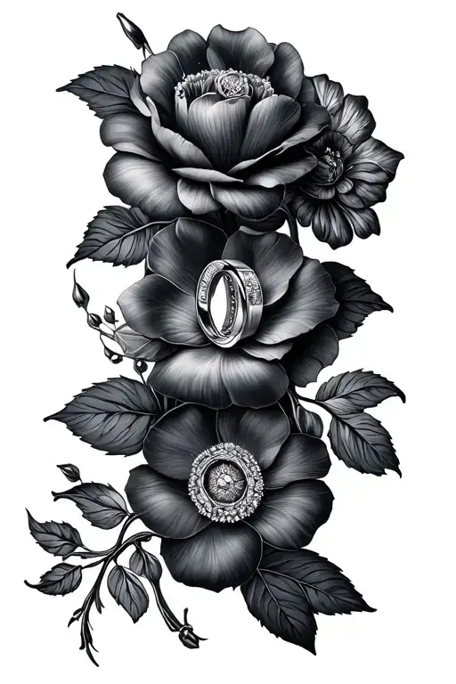 Ranke, collar, wedding rings, flowers tattoo design idea