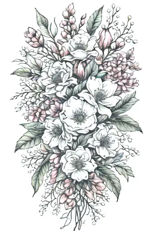 birth flower bouquet with May, August, October, November, February flowers with tree branches tattoo design idea