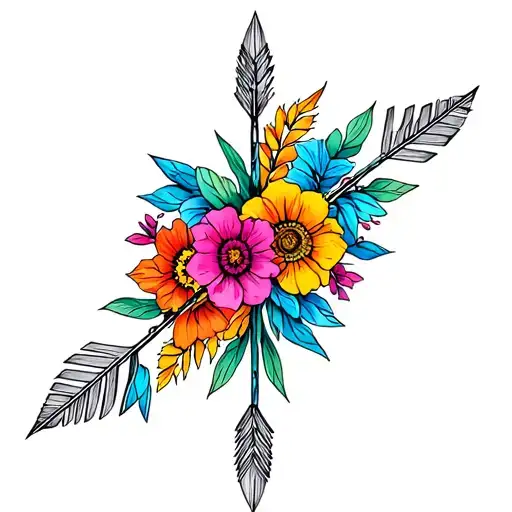 A sketch style tattoo of indigenous arrows intertwined with colorful flowers, representing love for her four children  tattoo design idea
