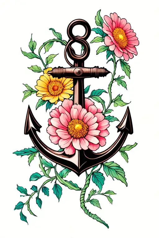 heroshige waves anchor zinnia flowers honey suckle flowers  tattoo design idea