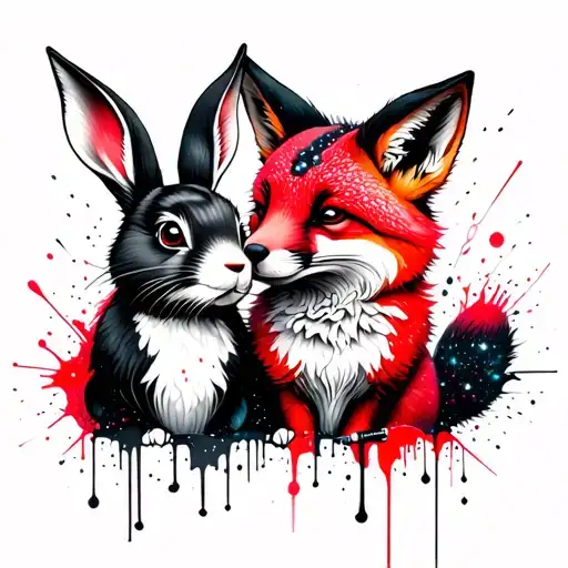 a bunny and a fox, matching couples tatroo, gamers, space theme, loving, bonded together,  tattoo design idea
