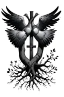 tree root lungs heart cross dove tattoo design idea
