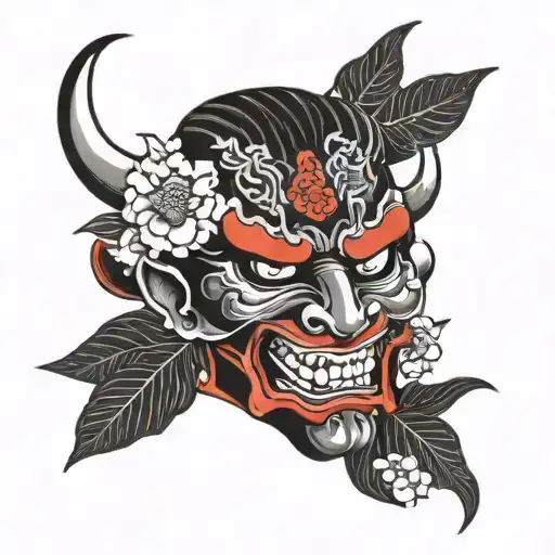 Japanese Demon Mask, Hannya, peony red With Falling Petals Tattoo Idea tattoo design idea